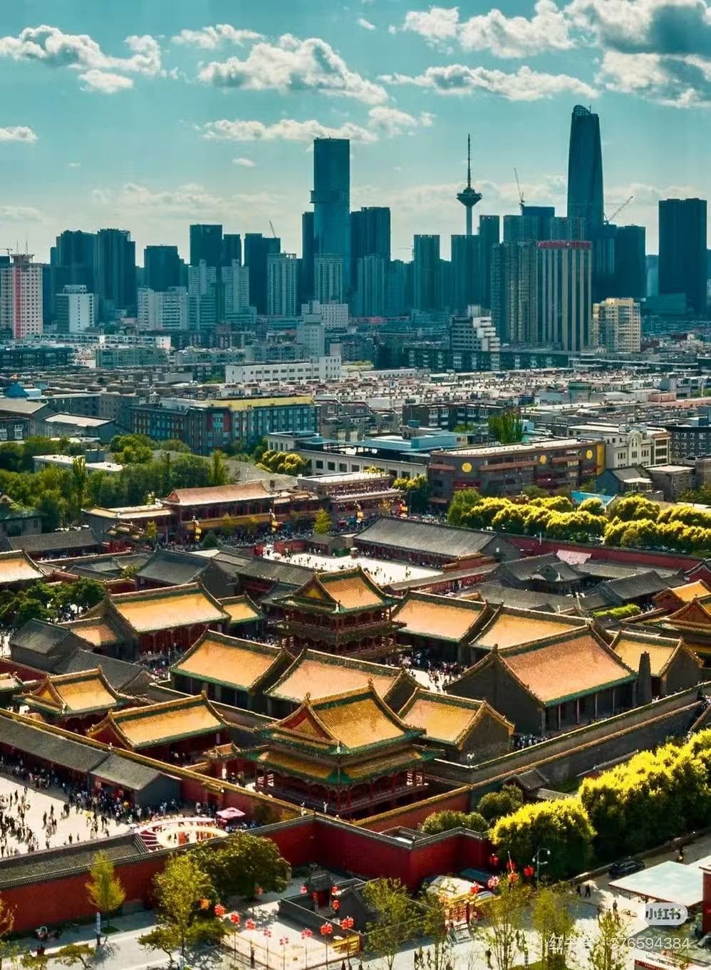 Shenyang city scene suggesting seasonal travel—historic architecture or park trees in clear light