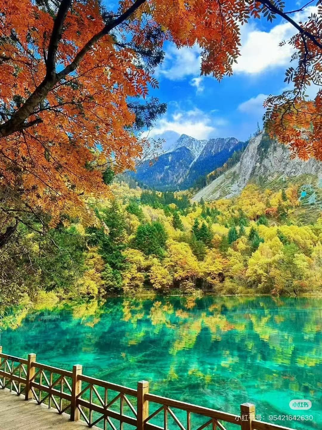 Vibrant autumn landscape with a clear turquoise lake, reflective trees, majestic mountains, and a wooden boardwalk - ChinaTripTop.