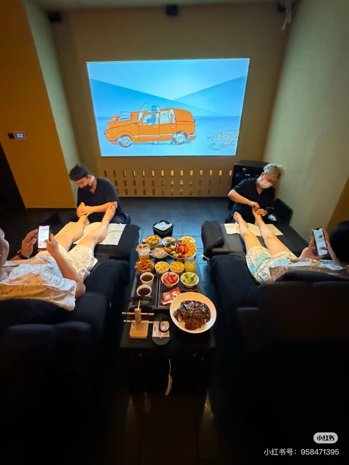 Reclining massage chairs and wooden foot soak tubs in a bright Chinese foot therapy spa room