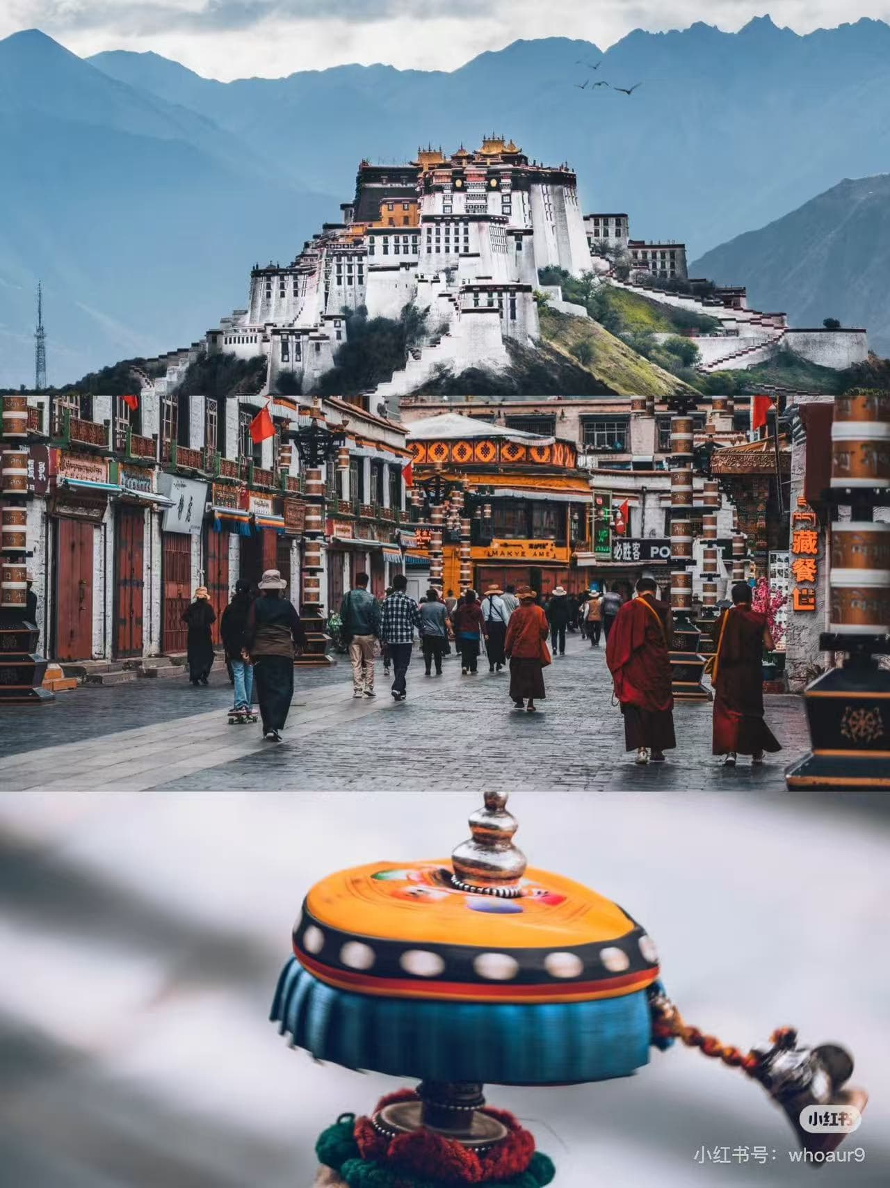 People walk along a lively street leading to the majestic Potala Palace in Lhasa, Tibet, with a prayer wheel in the foreground. - ChinaTripTop.