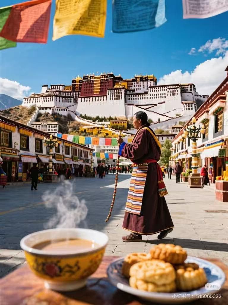 Tibetan monk walks near Potala Palace under prayer flags, with a steaming bowl of butter tea and pastries - ChinaTripTop.