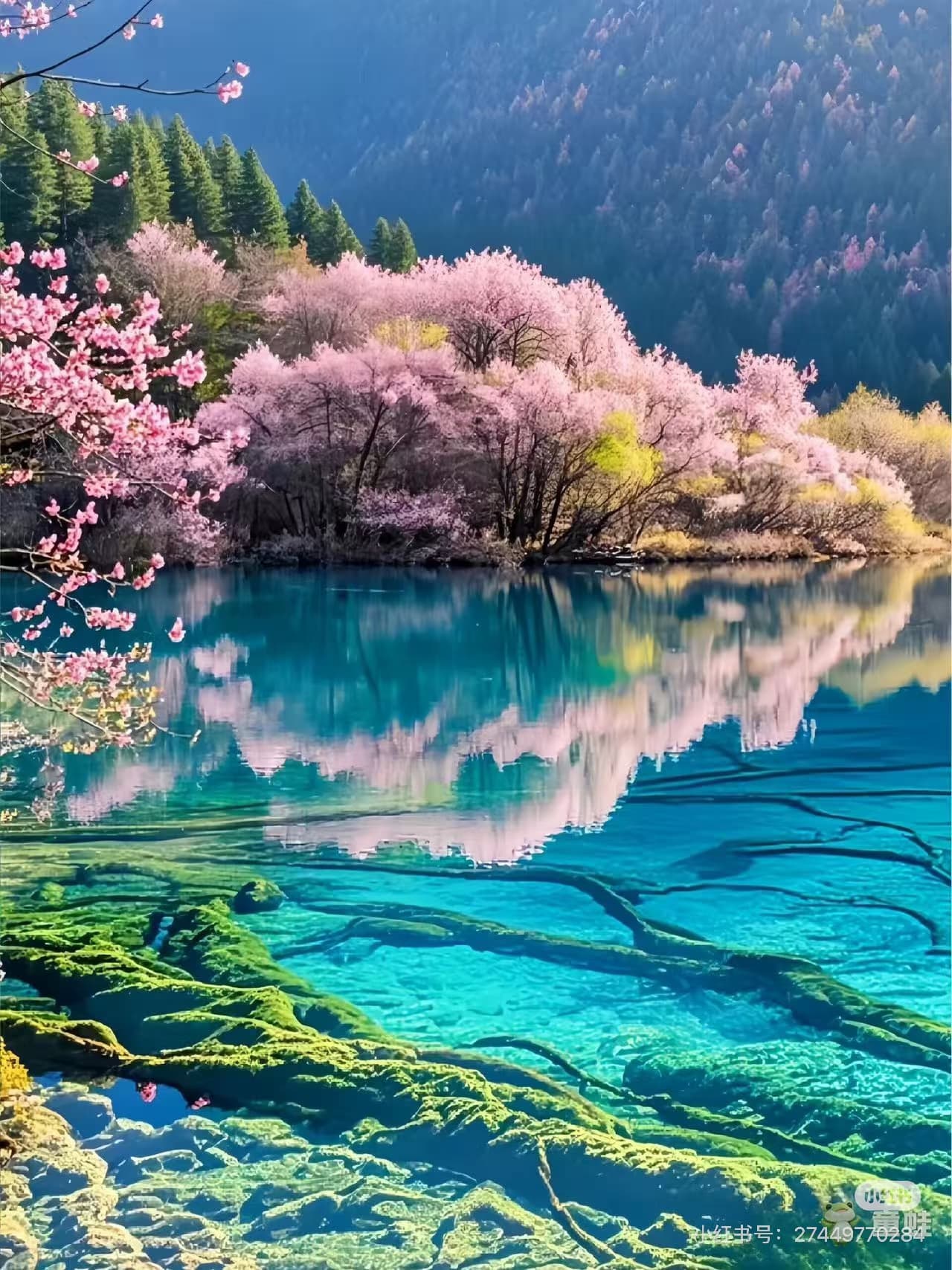 Pink cherry blossoms bloom over a turquoise lake with submerged mossy trees and clear reflections. - ChinaTripTop.